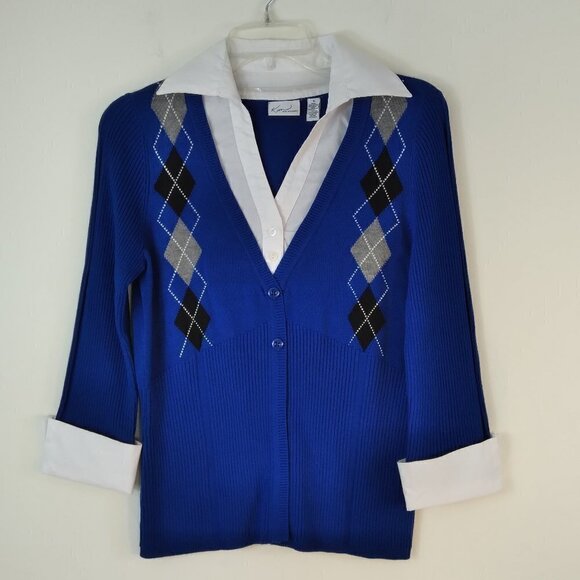 Royal Blue  with Argyle Design VNeck Sweater with Faux Built In White Shirt Sz S - Picture 10 of 10